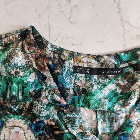 Zara Blouse Jewel Printed Green Dressy Blouse Top - Picture 4 of 7